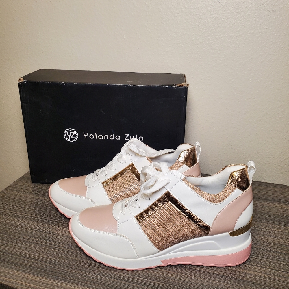 Yolanda Zula Wedge Heel Sneaker like new in box. Size 10. pink, rose gold, white